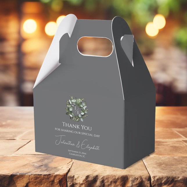 Eukalyptus Wreath | Grau Geschenkschachtel (Gray Modern Monogram Eucalyptus Wreath Wedding Favor Box)