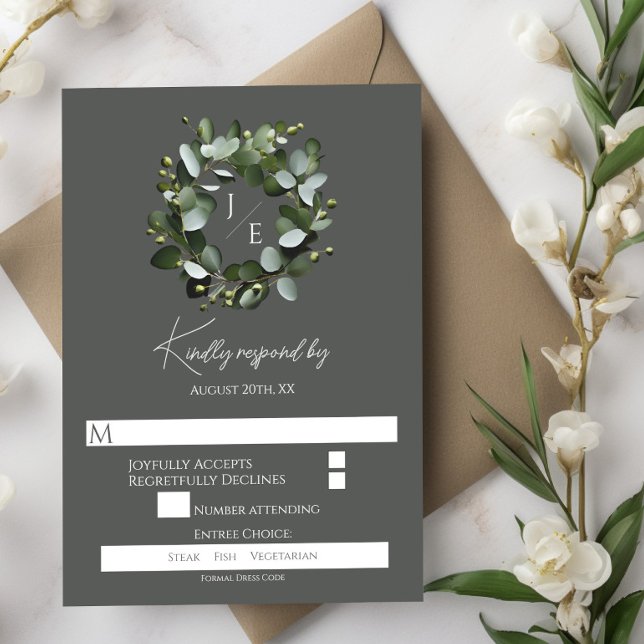 Eukalyptus Wreath | Grau RSVP Karte (Gray Modern Monogram Eucalyptus Wreath Wedding RSVP)