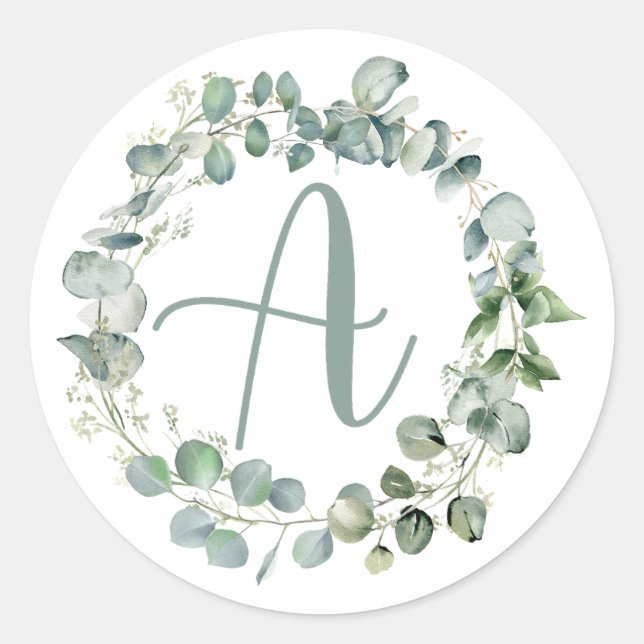 Eukalyptus Wreath Monogram Typografie Initial A Runder Aufkleber (Vorderseite)