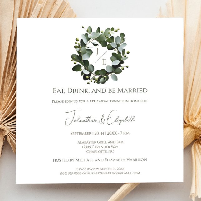 Eukalyptus Wreath Probe Abendessen Einladung (White Modern Monogram Eucalyptus Wreath Wedding Rehearsal Dinner Invitation)