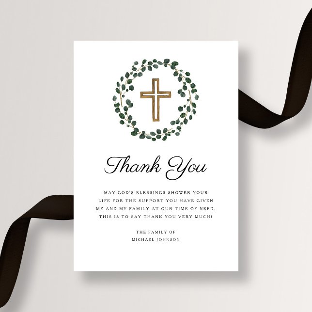Eukalyptus Wreath Religious Cross Beerdigung Dankeskarte (Eucalyptus Wreath Religious Cross Funeral Thank You Card)