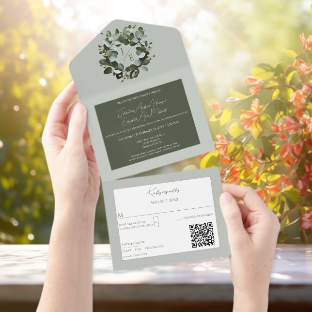 Eukalyptus Wreath Sage Green All In One Einladung (Sage Green Modern Monogram Eucalyptus Wreath All in One Wedding Invitation)
