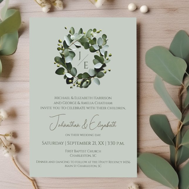 Eukalyptus Wreath | Sage Green Einladung (Sage Green Modern Monogram Eucalyptus Wreath Wedding Invitation)