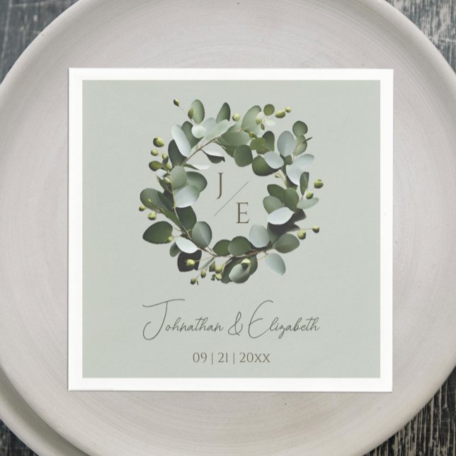 Eukalyptus Wreath Sage Green Serviette (Sage Green Modern Monogram Eucalyptus Wreath Wedding Napkin)