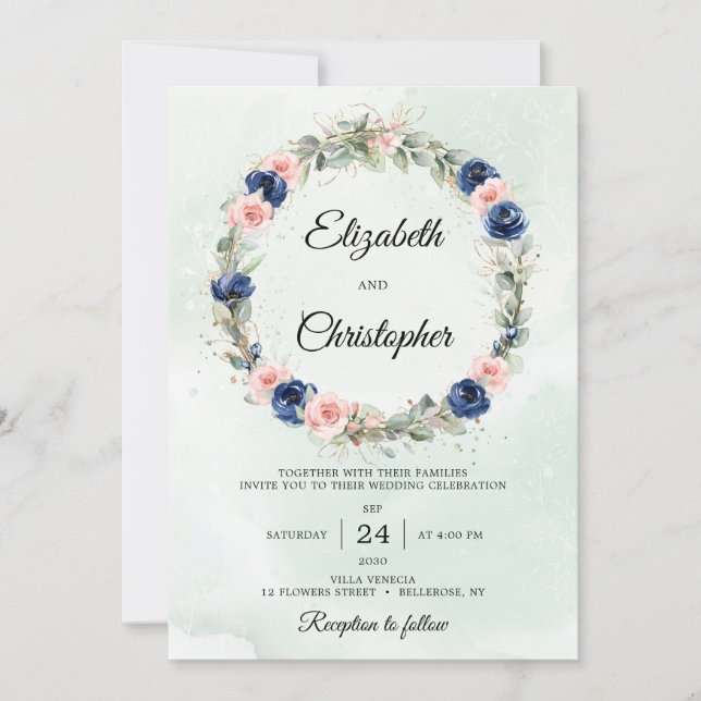 Eukalyptus Wreath Wedding Navy und Blush Einladung (Vorderseite)