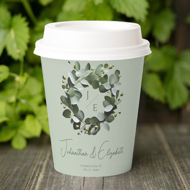 Eukalyptus Wreath Wedding Pappbecher (Sage Green Modern Monogram Eucalyptus Wreath Wedding Paper Cup)