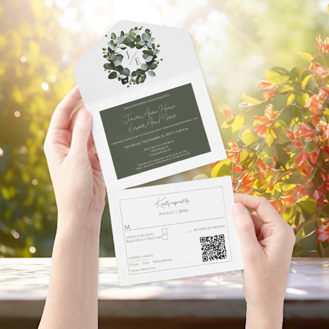 Eukalyptus Wreath Wedding | Weiß All In One Einladung (White Modern Monogram Eucalyptus Wreath Wedding All in One Invite)