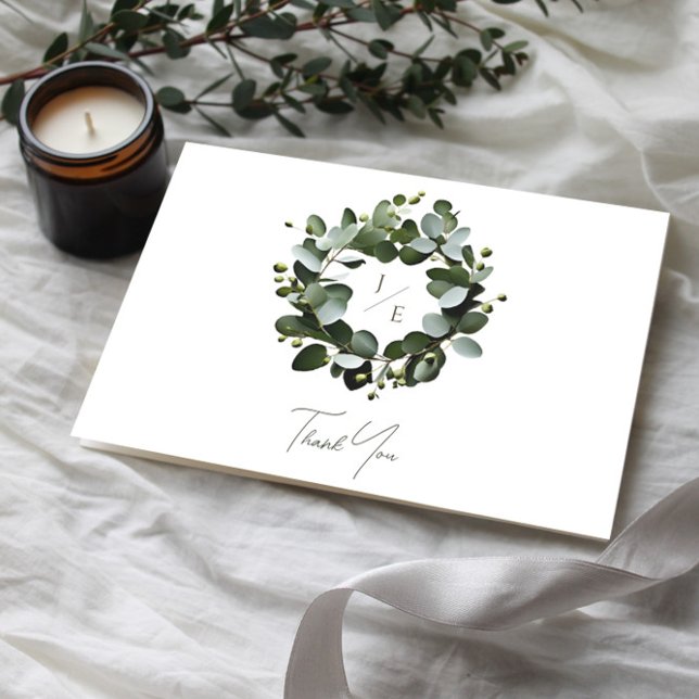 Eukalyptus Wreath Wedding | Weiß Dankeskarte (White Modern Monogram Eucalyptus Wreath Wedding Thank You Card)