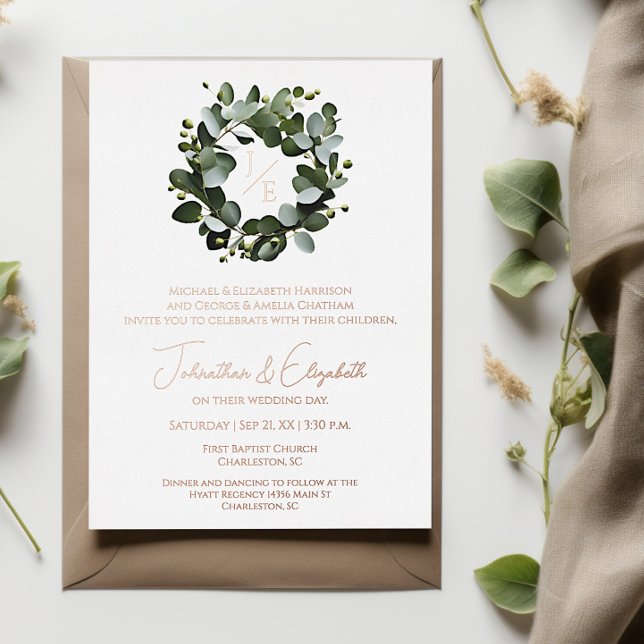 Eukalyptus Wreath Wedding | Weiß Folieneinladung (White Modern Monogram Eucalyptus Wreath Foil Wedding Invitation)