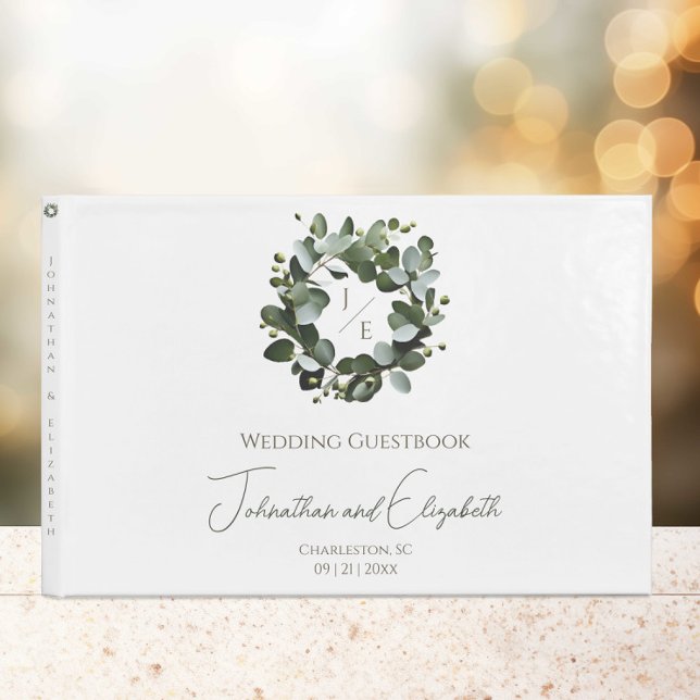 Eukalyptus Wreath Wedding | Weiß Gästebuch (White Modern Monogram Eucalyptus Wreath Wedding Guestbook)