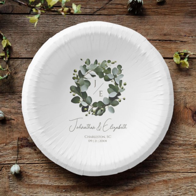 Eukalyptus Wreath Wedding | Weiß Pappteller (White Modern Monogram Eucalyptus Wreath Wedding Paper Bowls)