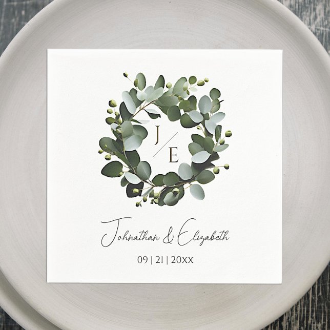 Eukalyptus Wreath Wedding | Weiß Serviette (White Modern Monogram Eucalyptus Wreath Wedding Napkin)