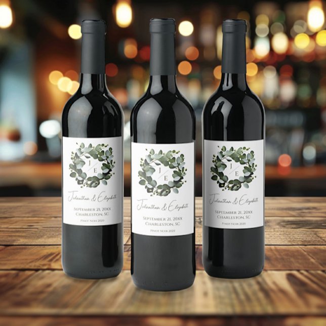 Eukalyptus Wreath Wedding | Weiß Weinetikett (White Modern Monogram Eucalyptus Wreath Wedding Wine Labels)