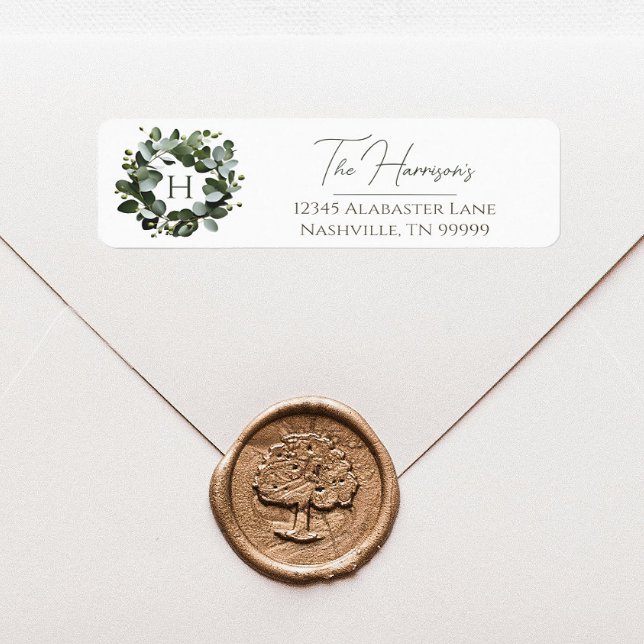 Eukalyptus Wreath | Weiß (White Modern Monogram Eucalyptus Wreath Wedding Address Label)