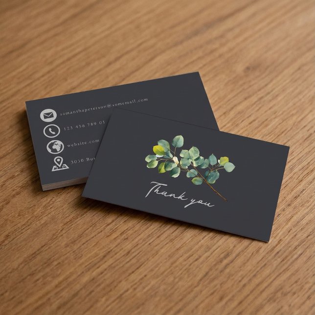 Eukalyptus Zweig dunkelgrün dank Karte einfügen (Eucalyptus branch dark green thank you insert card with silver grey hand style script bold icons.)
