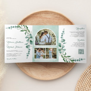 Eukalyptus-Zweig-Fotocollage-QR-Code-Hochzeit Dreifach Gefaltete Einladung