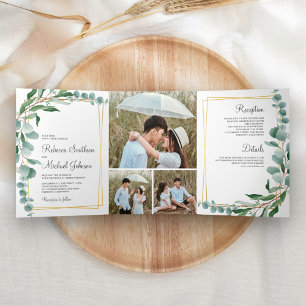 Eukalyptus-Zweig Goldrahmen-Foto-Collage Hochzeit Dreifach Gefaltete Einladung