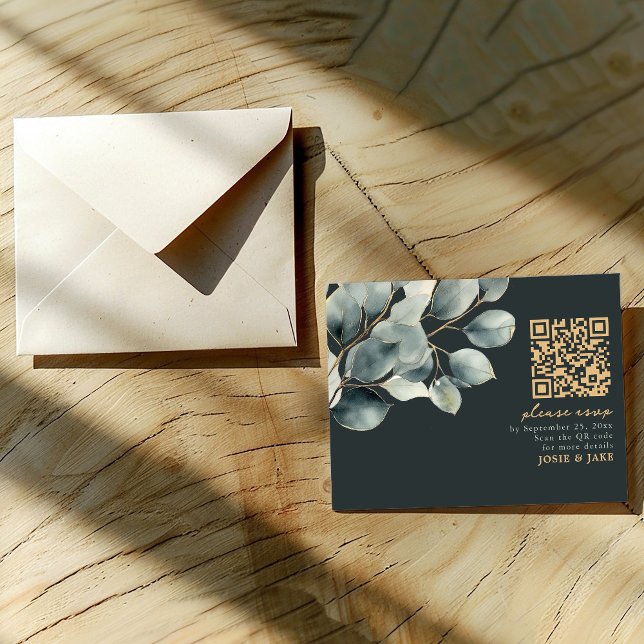 Eukalyptus-Zweig, grüne Hochzeit rsvp Begleitkarte (Eucalyptus branch, green wedding rsvp card with gold QR Code and text)