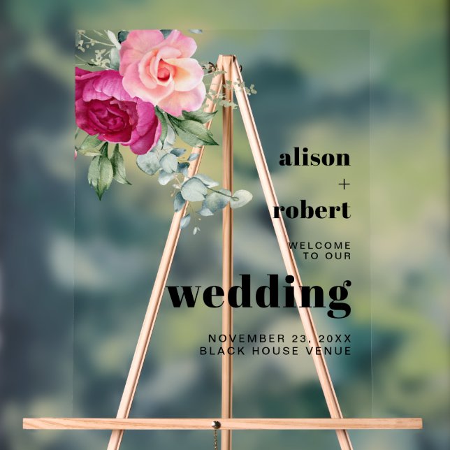 Eukalyptus Zweig mit rosa Rosen Hochzeit WELCOME Acrylschild (Neutral)