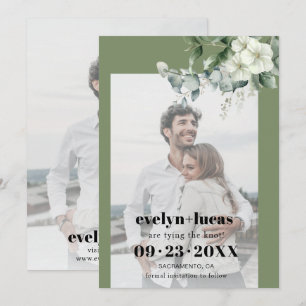 Eukalyptus-Zweig und weiße Blume Foto Hochzeit Save The Date
