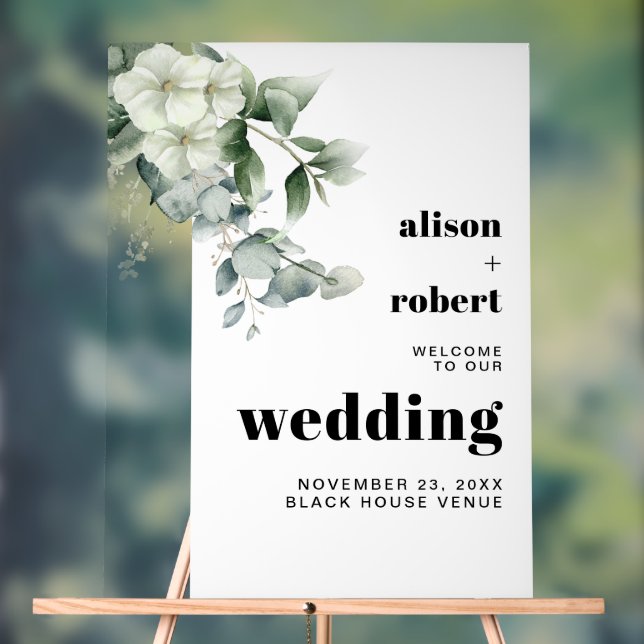 Eukalyptus Zweig, weiße Blume Hochzeit WILLKOMMEN Acrylschild (Neutral)