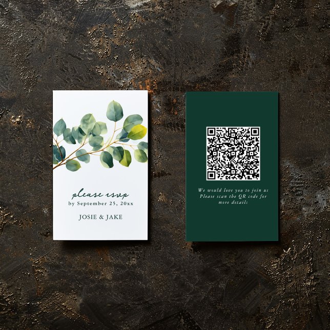 Eukalyptus-Zweigstelle Hochzeit qr-Code-uAwg Begleitkarte (Eucalyptus wedding RSVP card with watercolor branch and QR code for online response.)