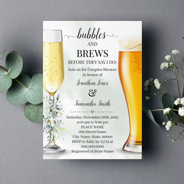 Eukalyptusblasen und Brauen Dusche Einladung (Eucalyptus Greenery Bubbles and Brews Couples shower invitation Champagne & Beers Greenery Wedding)