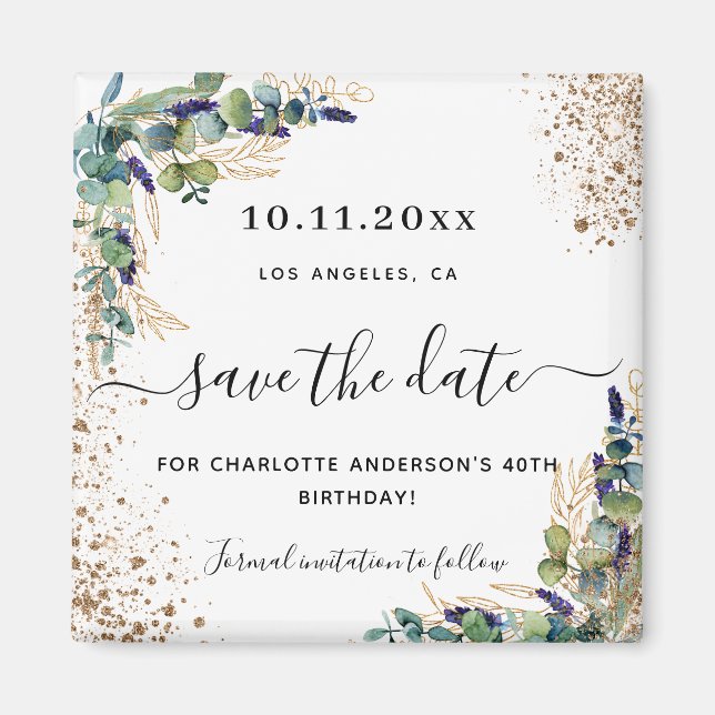 Eukalyptusgold-Glitzer Save the Date Magnet (Vorne)