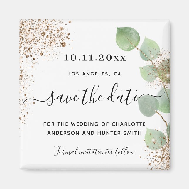 Eukalyptusgold-Glitzer Save the Date Magnet (Vorne)