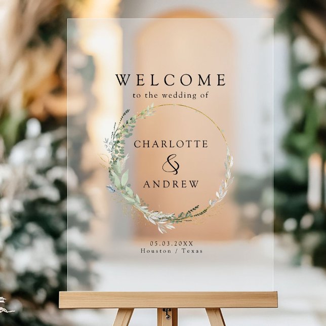 Eukalyptusgrün Acrylschild (Eucalyptus greenery gold wedding welcome acrylic sign with your names and date.)