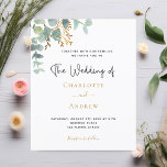 Eukalyptusgrün, Goldhochzeit<br><div class="desc">Ein schick weißer Hintergrund. Dekoriert mit grünen Aquarellen Eukalyptusbäumen,  Blätter,  Grünpflanzen und einem goldenen Imitat. Personalisieren und fügen Sie Ihre Namen und Hochzeitsdetails. Schwarze Buchstaben. Zurück: grüne Hintergrundfarbe.</div>
