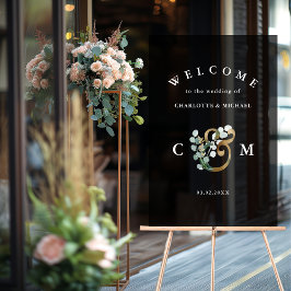 Eukalyptusgrün Monogram Gold Hochzeitsempfang Acrylschild