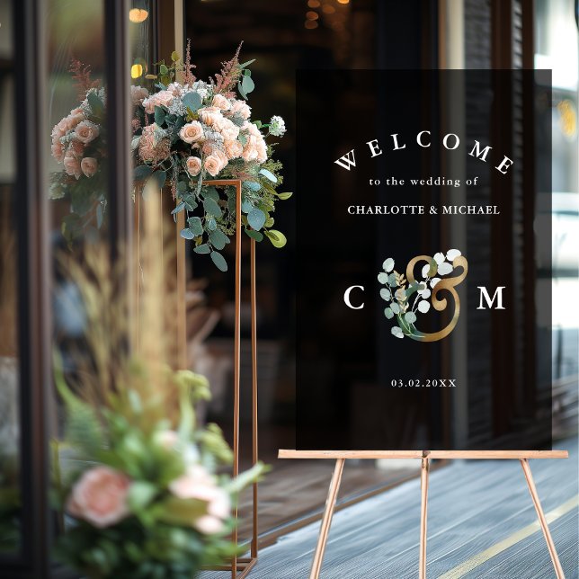 Eukalyptusgrün Monogram Gold Hochzeitsempfang Acrylschild (Monogram Eucalyptus greenery gold wedding welcome Acrylic Sign)