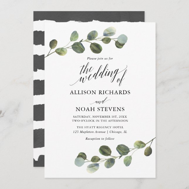Eukalyptusgrün Schwarz-weiß, modern Einladung (Vorne/Hinten)