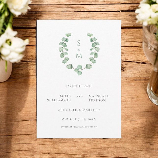 Eukalypus Monogramm Save the Date Einladung (beautiful clean monogram save the date with green folage 
)