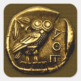 Eule auf altgriechischer Münze Quadratischer Aufkleber