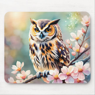 Eule auf Apfelblüten Mousepad
