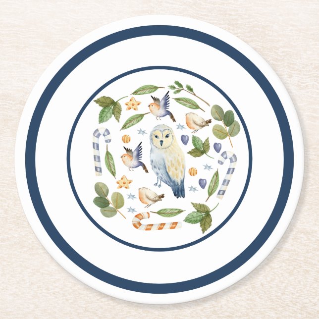 Eule auf Baumstumpf Vögel Blätter Kandy Canes Runder Pappuntersetzer (Vorderseite)