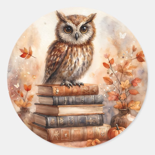 Eule auf dem Buchstapel mit Herbstlauben Runder Aufkleber (Vorderseite)