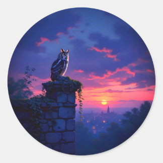 Eule auf dem Dach von Sunset City Runder Aufkleber