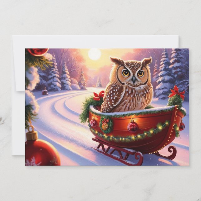 Eule auf einem Schlitten während der Ferien Einladung (Vorderseite)
