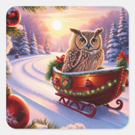 Eule auf einem Schlitten während der Ferien Quadratischer Aufkleber
