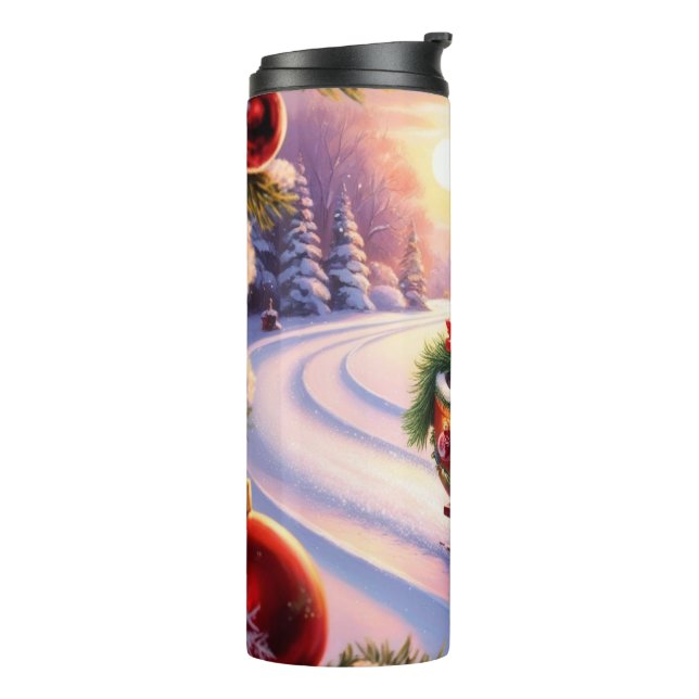 Eule auf einem Schlitten während der Ferien Thermosbecher (Nach links gedreht)