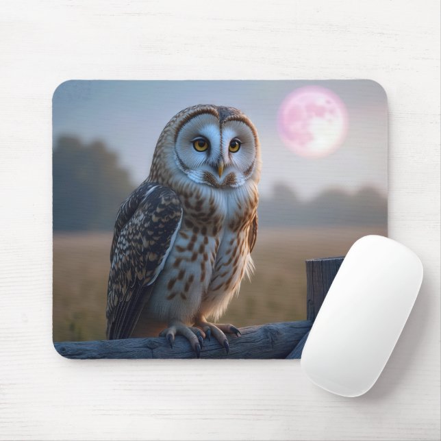 Eule auf einem Zaun mit rosa Mond Mousepad (Mit Mouse)
