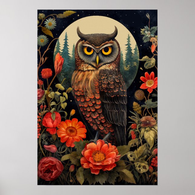 Eule bei Nacht mit Vollmond Poster (Vorne)
