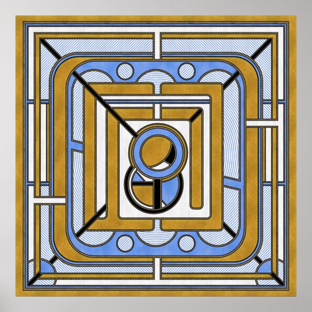 Eule - Blau und Gold Art Deco Abstrakt Poster (Vorne)