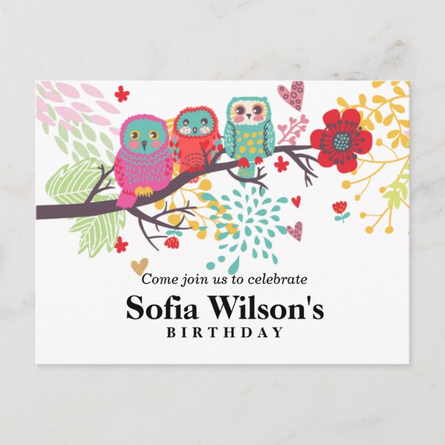 Eule, Blume Geburtstag Postkarte Einladung (Vorderseite)