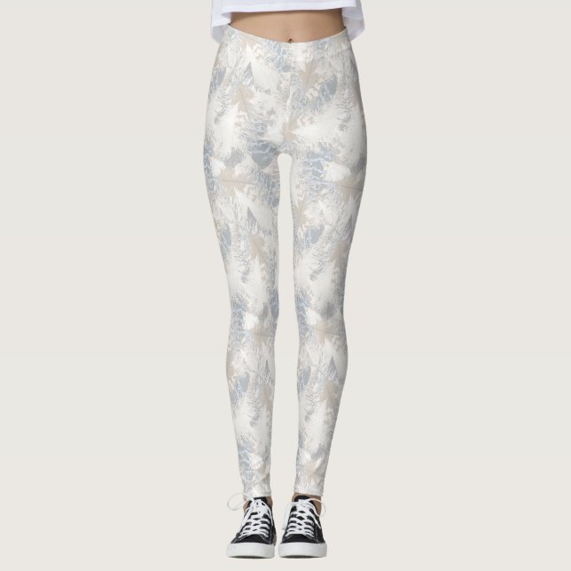 Eule Feathers, grau, beige und blau, Vogel, Licht, Leggings (Vorderseite)