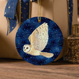 Eule fliegt über die sternklare Nacht, erstes Weih Keramik Ornament