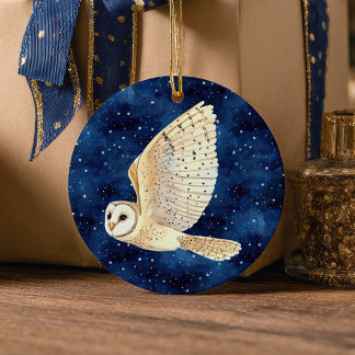 Eule fliegt über die sternklare Nacht, erstes Weih Keramik Ornament